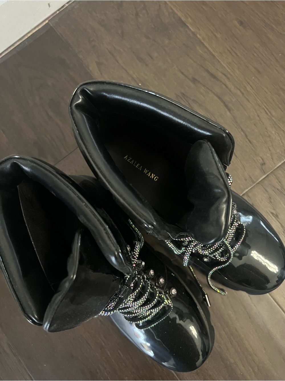 Azalea Wang Black Platform Rhinestone Lace-Up Boots - Picture 3 of 8
